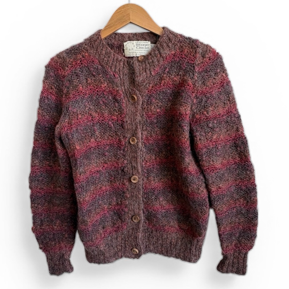 Vintage Stone Circle Handknit Ireland Wool Cardigan Boucle Textured Sweater